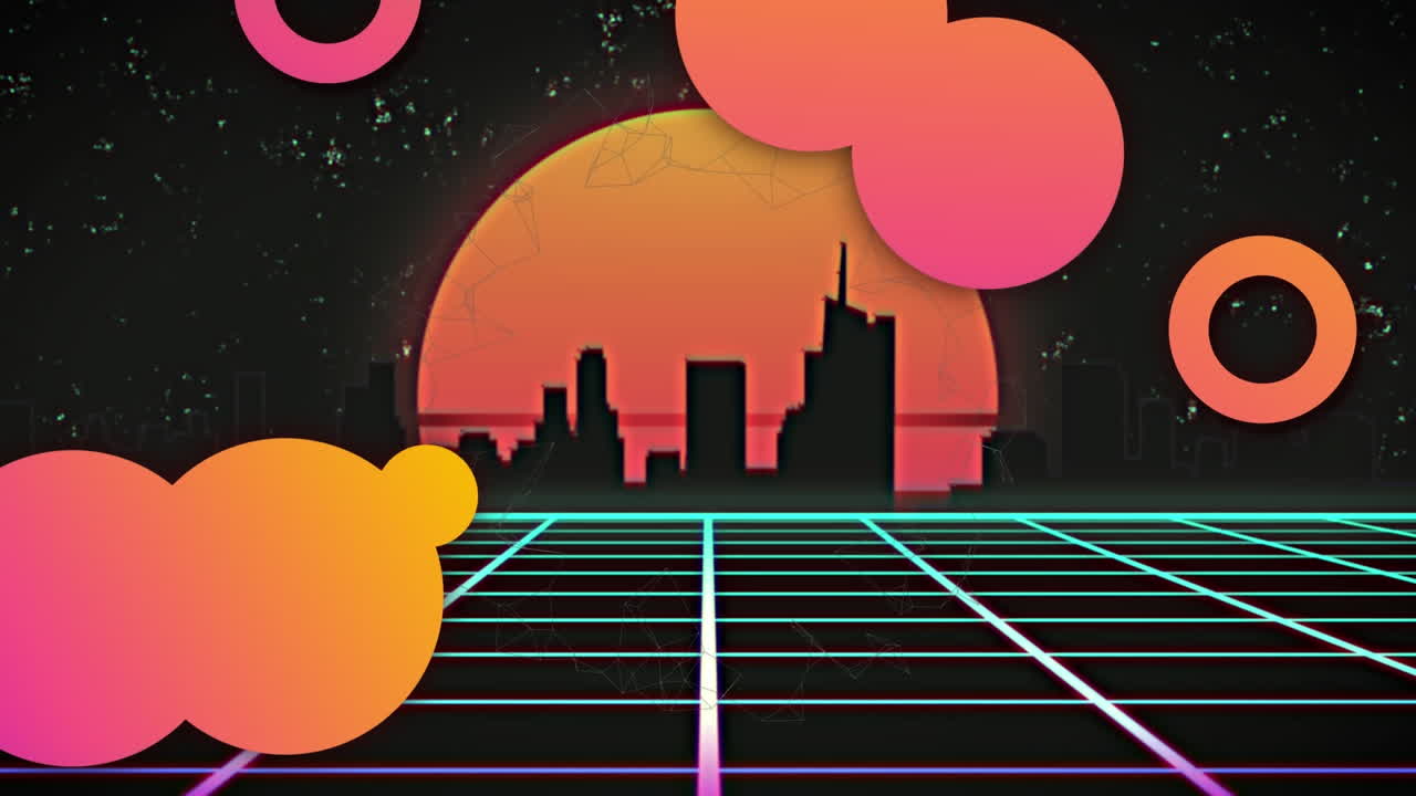 검은색 배경 위에 움직이는 모양과 도시의 애니메이션