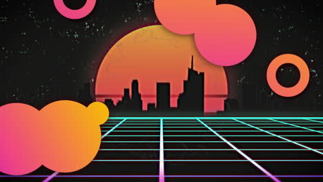 animación de formas en movimiento y ciudad sobre fondo negro.