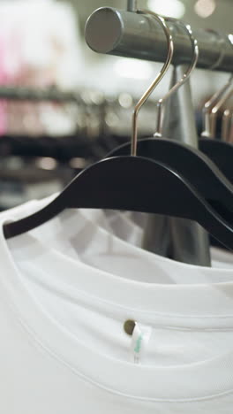 a clothing store, showcasing neatly hung white and black shirts on hangers. highlights the organized display and variety of apparel in a modern retail environment