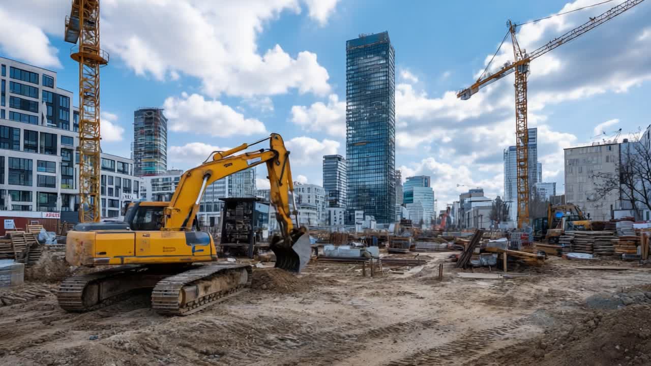 Dynamic Construction Site Under Clear Skies Featuring Heavy Machinery, Cranes, and Urban Development in Progress, Showcasing City’s Expansion and Transformation