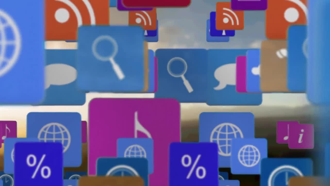 animación de iconos digitales flotando sobre el paisaje