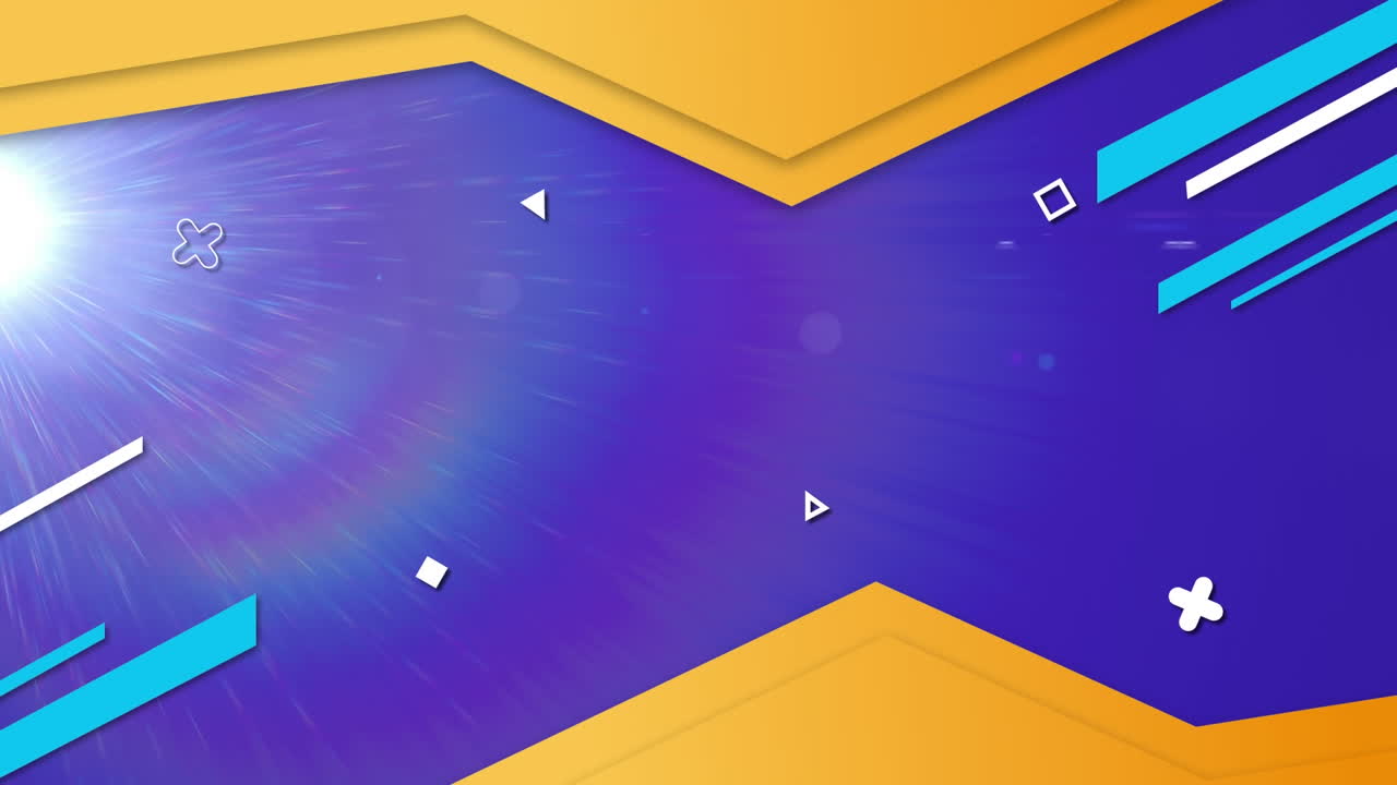 Animation of lines, geometric shapes, lens flares and abstract pattern against blue background