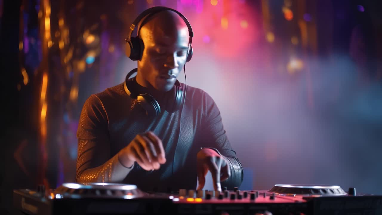 DJ concentrato a mixare musica sotto luci vivaci. Il fumo gli avvolge intorno, aggiungendo mistero alla scena. Si muove ritmicamente, perso nel ritmo. Perfetto per la vita notturna, la musica o i contenuti visivi di intrattenimento.