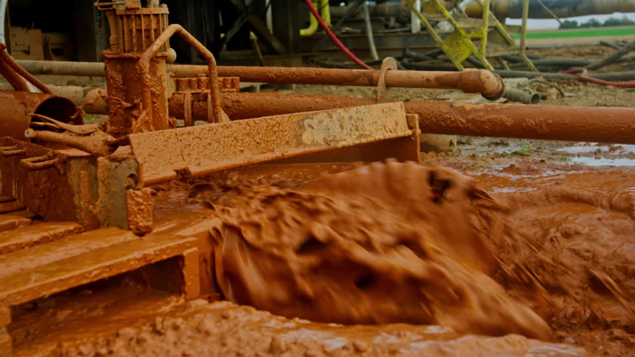 Orange mud flows pipes under the pressure. Working drilling equipment for oil or gas production.