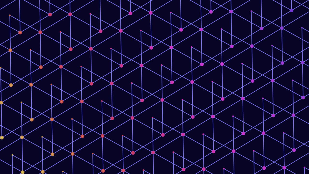 A mesmerizing grid pattern composed of colorful triangles - purple, blue, and pink - set against a dark background, creating a captivating floating effect in space
