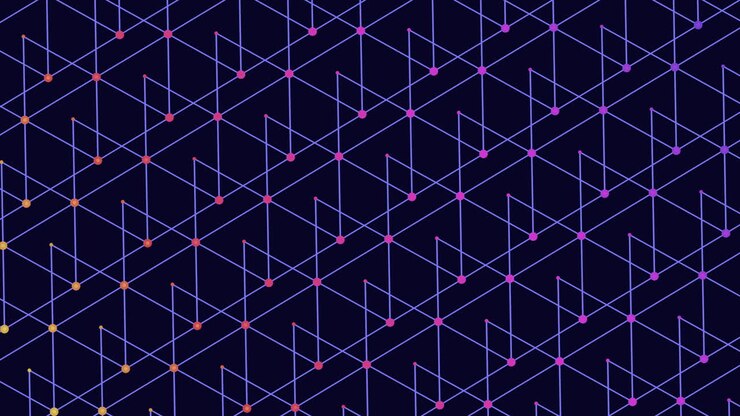 A mesmerizing grid pattern composed of colorful triangles - purple, blue, and pink - set against a dark background, creating a captivating floating effect in space