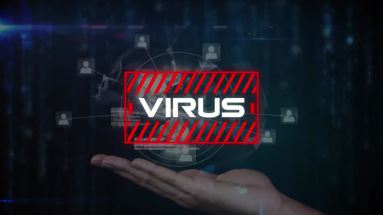 animación del texto de advertencia de covid 19 sobre conexiones y globo