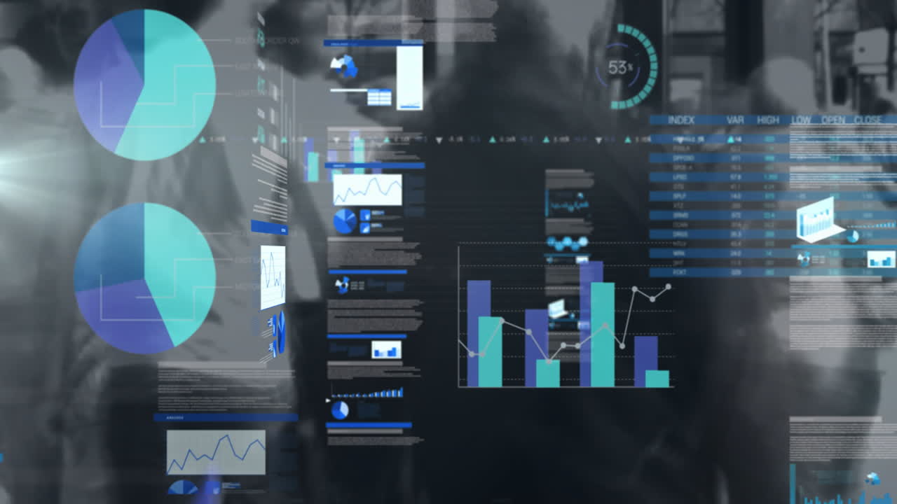 Animating digital charts and graphs with data analysis over blurred background