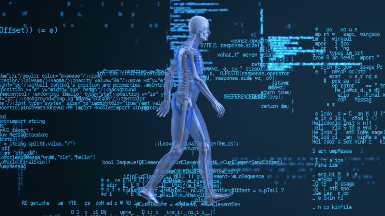 Animation af en gående menneskemodel over databehandling i et blåt og sort rum.