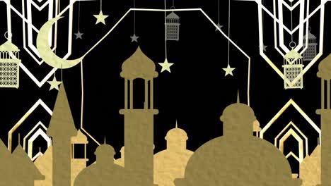 Animation-of-golden-arabic-style-rooftops,-moon,-lamps-and-stars-with-kaleidoscope-lines-on-black