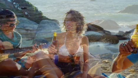 Animation-Der-Landschaft-über-Verschiedene-Freunde,-Die-Am-Strand-Bier-Trinken