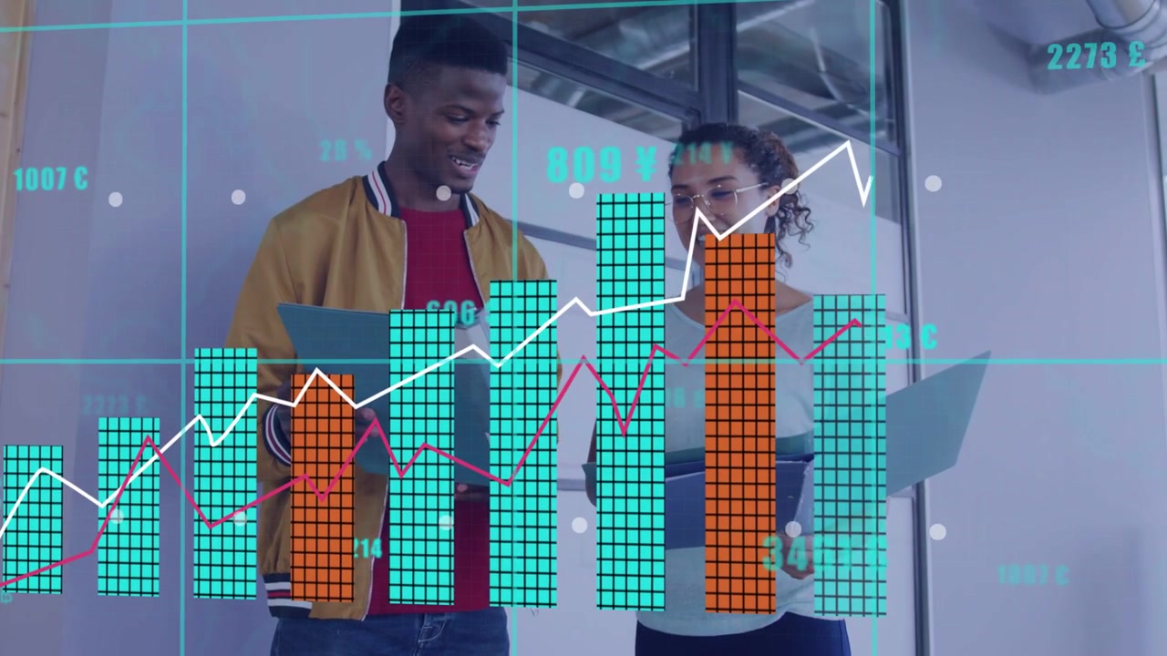 Man and woman exchanging papers, initiating finance charts overlaying papers and guiding review