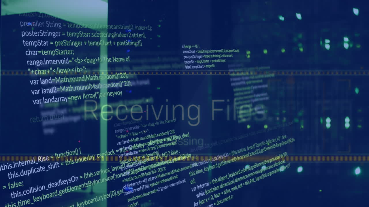 animação de múltiplos textos e linguagem de computador sobre racks de servidores iluminados na sala de servidores.