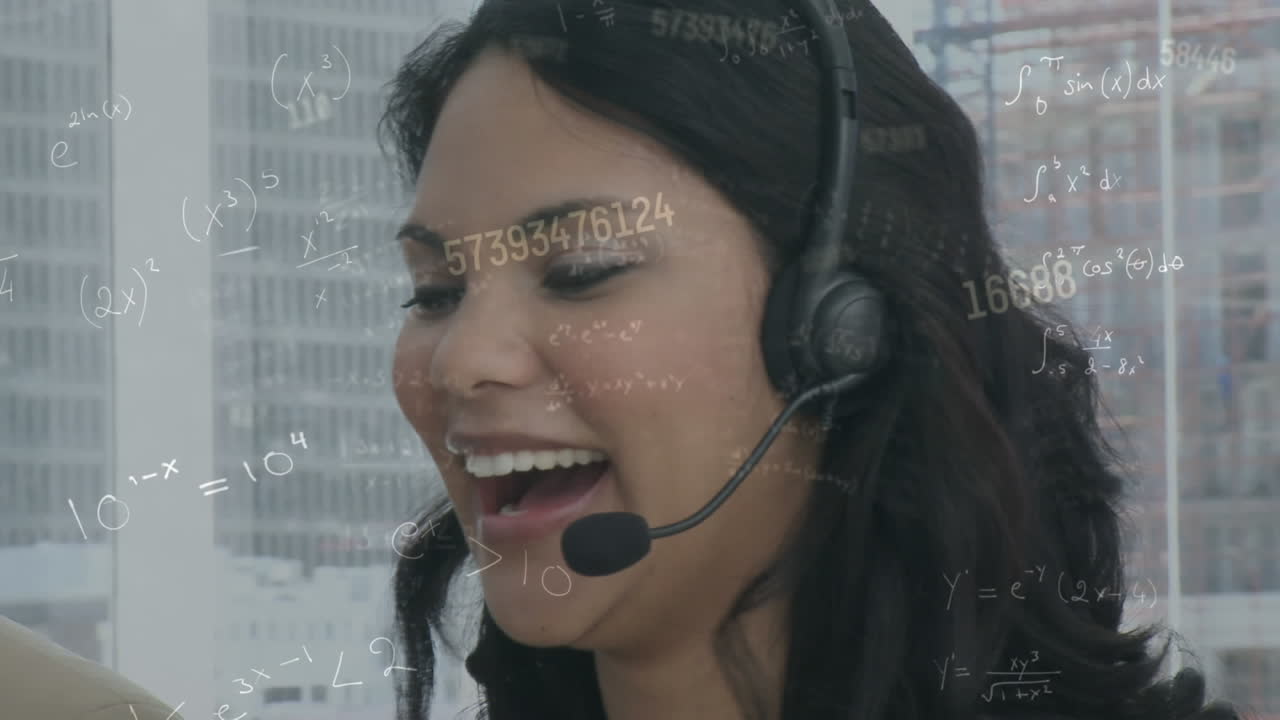 Animation of financial data processing over businesswoman wearing headset