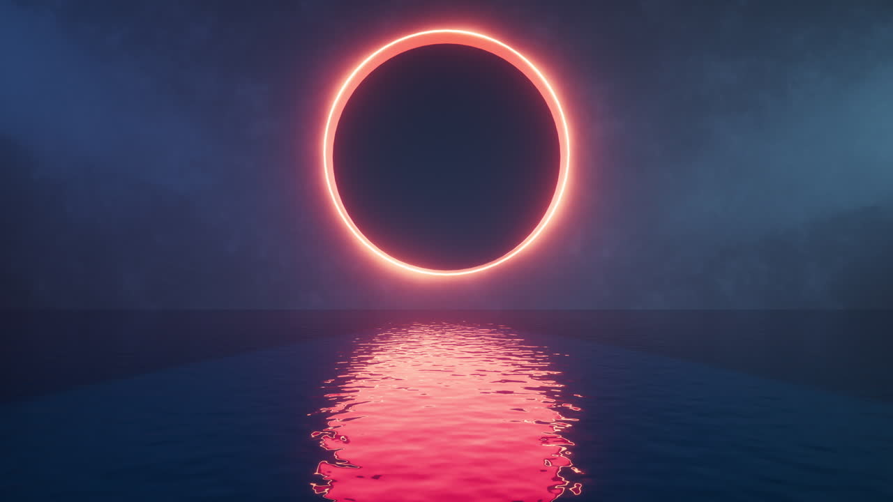 Linee neon luminose con superficie d'acqua, rendering 3D