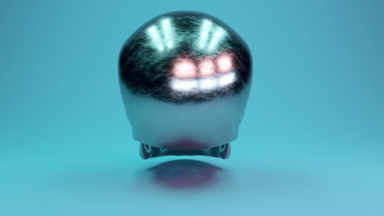 un cráneo humano de metal rayado gira 360 grados contra un fondo azul glamuroso. bucle sin costuras 3d render