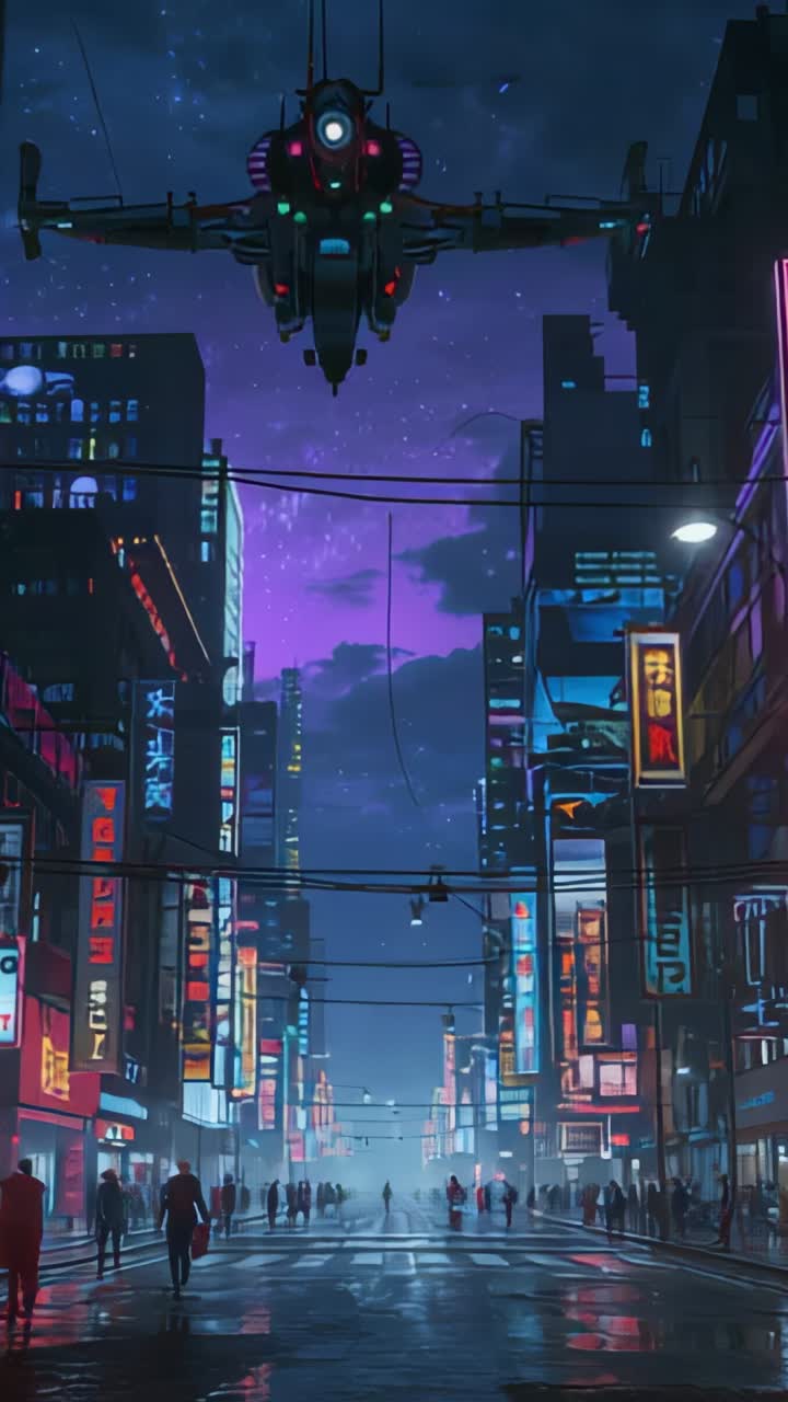 Video verticale: velivoli futuristici sospesi su un viale illuminato al neon, con pavimentazione bagnata che riflette le luci