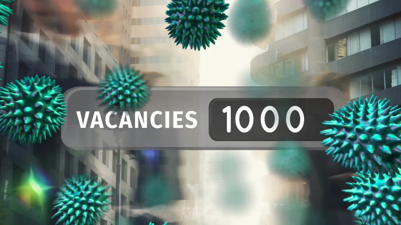 Animation of virus cells and vacancies number over people walking and cityscape
