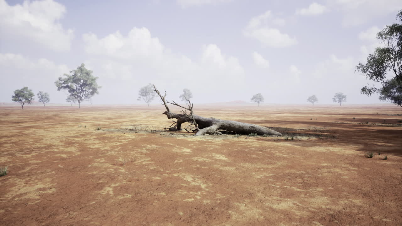 Uitgedroogd landschap met omgevallen boom, omringd door schaarse vegetatie en wolken