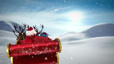 Animation-of-santa-claus-in-sleigh-with-christmas-gifts-and-snow-falling-in-winter-landscape