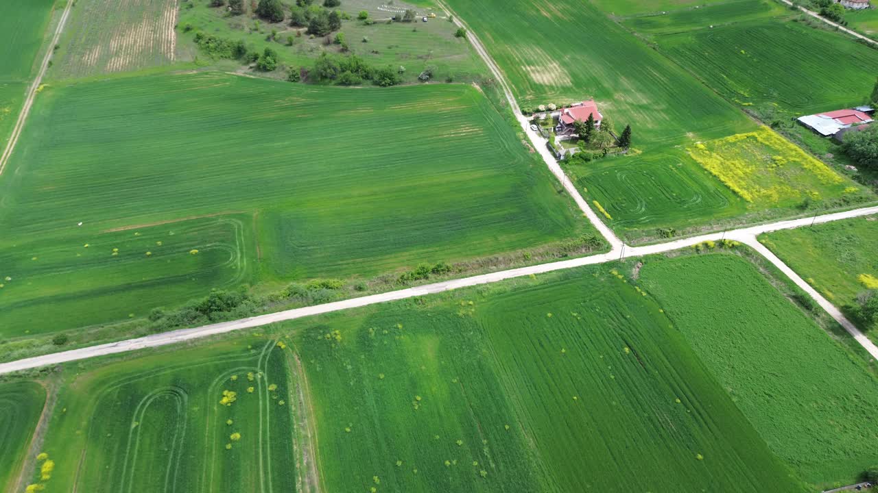 Agriculture green fields, village cross roads, isolated house with land, aerial