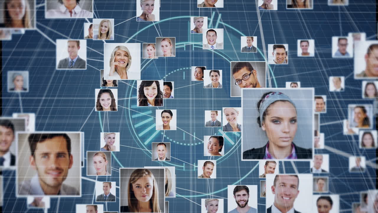 анимация икон сети бизнес-профилей и круглого сканера на сетевой сети на синем фоне.