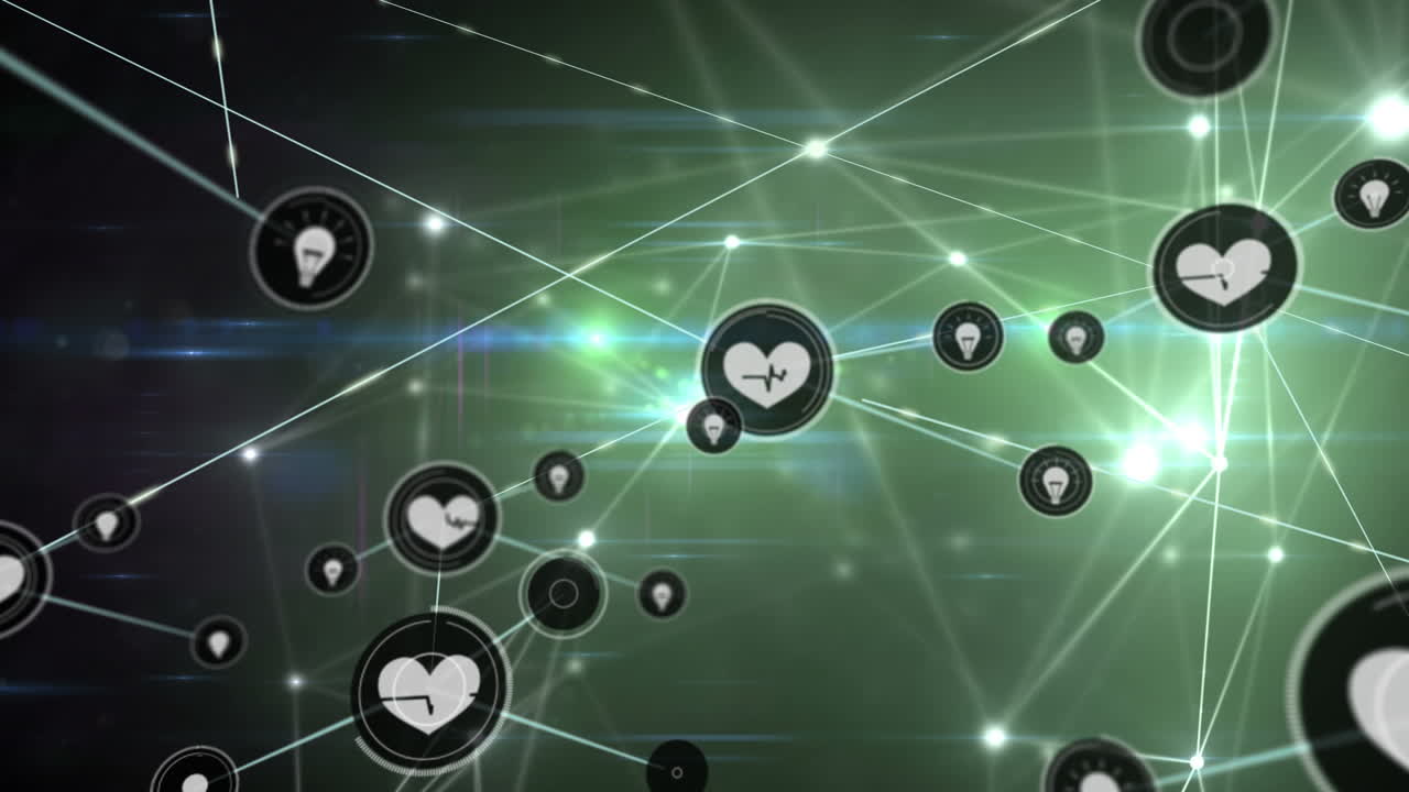 빛나는 반점 위에 아이콘을 가진 연결 네트워크의 애니메이션