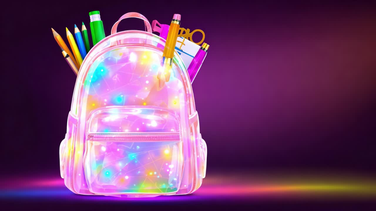 A Colorful, Iridescent Backpack Filled with Stationery Items, Radiating Bright Lights Against a Soft Gradient Background, Perfect for School or Creative Activities