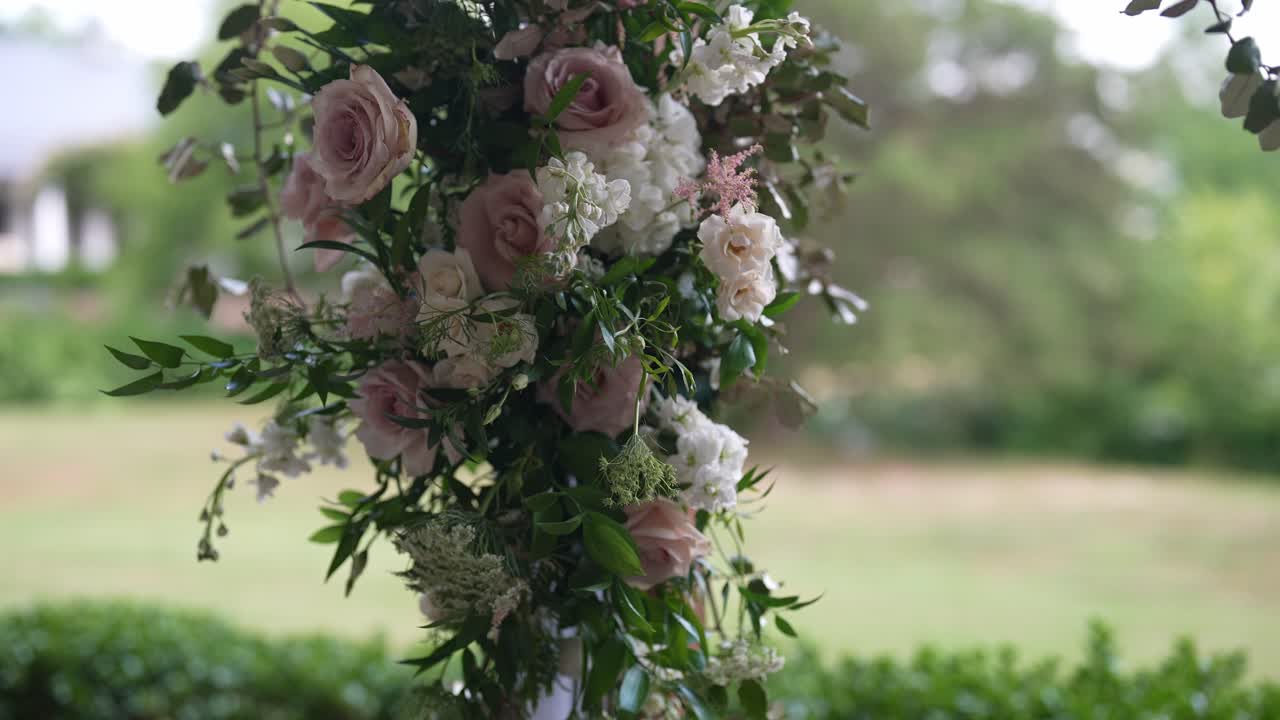captivating and detailed shot of exquisite flowers, meticulously arranged for a wedding ceremony