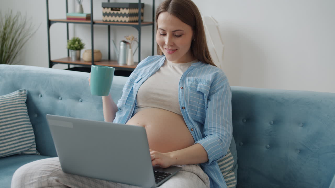 임신 한 여성 이 집 에서 노트북 을 사용 하고 있다