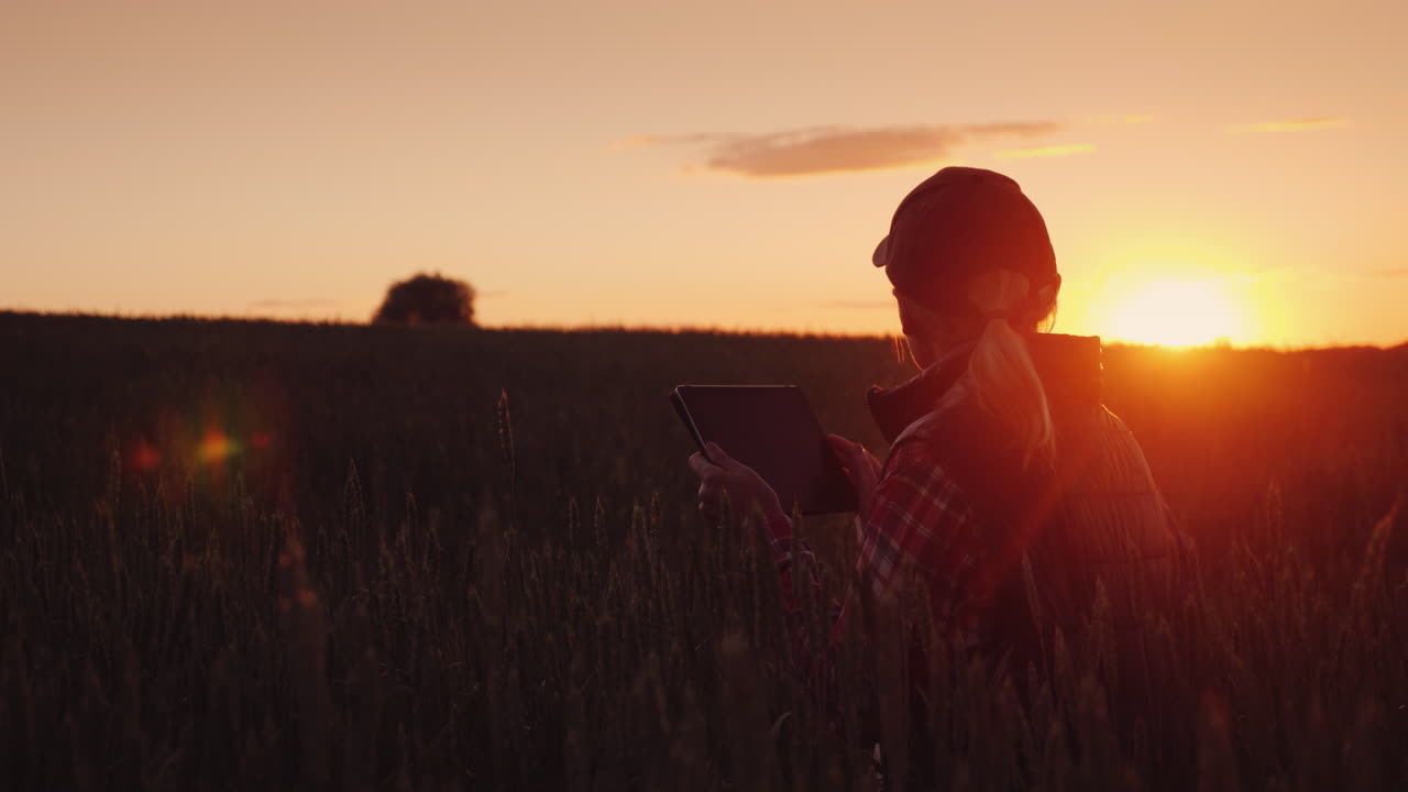 una agricultora está trabajando en el campo al atardecer disfrutando de tecnologías de tabletas en agronegocios 4k