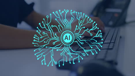 Animation of brain and ai data processing over caucasian woman using computer
