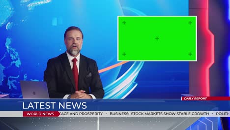 live news studio with handsome male newscaster reporting on a story, uses green chroma key screen placeholder copy space.television newsroom channel with professional presenter, anchor talking