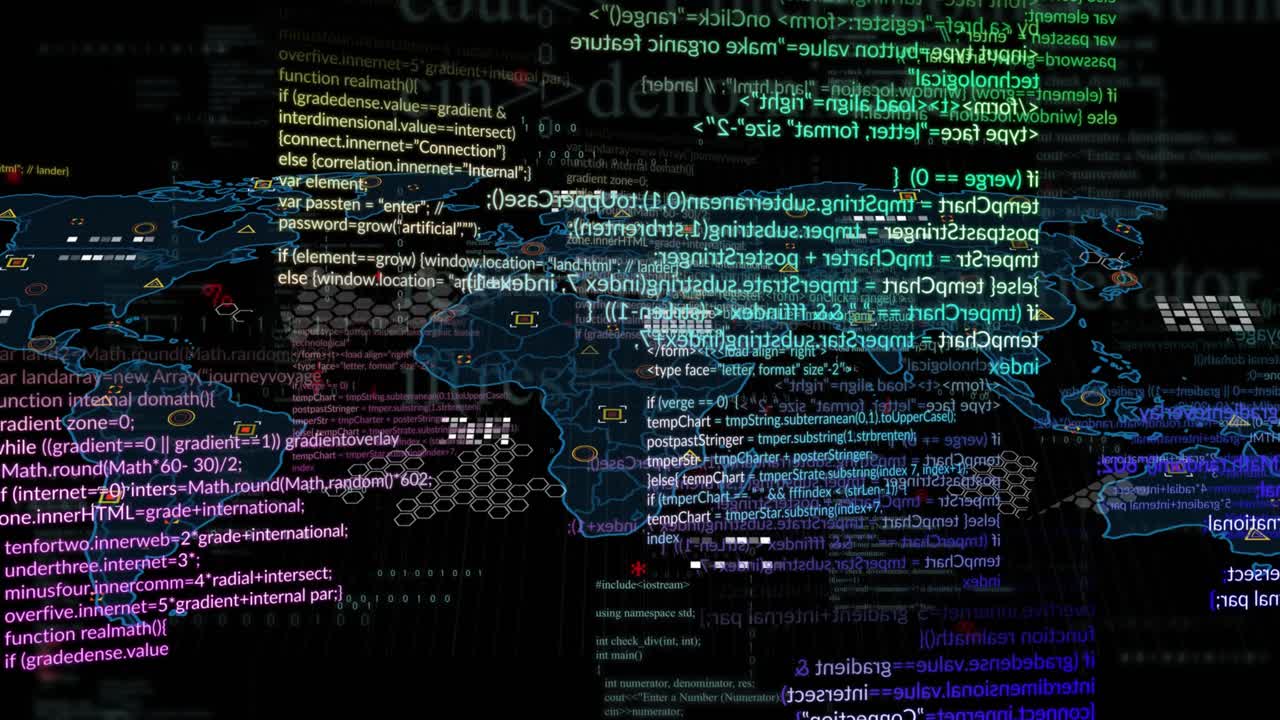 Drifting multicolored code initiating map fading rotating columns for showing global data flow