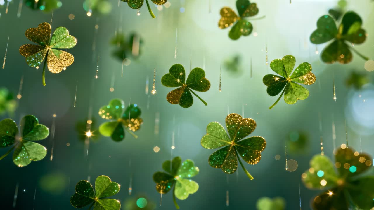 Drifting 4-leaf clovers catching gold glitter as streaks falling, creating shimmer in green haze