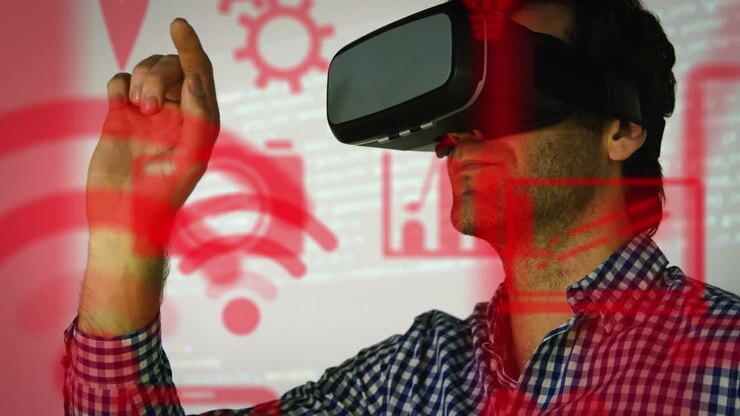 Animazione di icone digitali su un uomo d'affari caucasico che indossa un visore VR