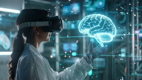 scientist in vr interacting with a holographic brain