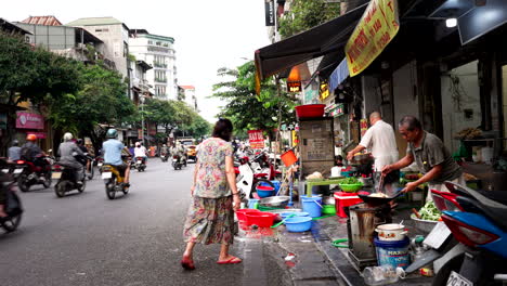 urban street food sellers, busy city road transport