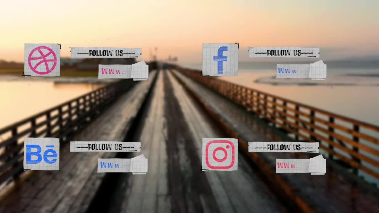 Social Media Follow Us Icons on Bridge Background