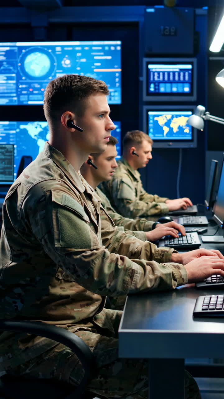 Military Personnel Working in a High-Tech Control Room