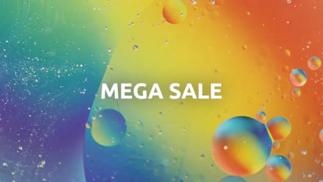 animación del texto de mega venta en primer plano de líquidos y bolas