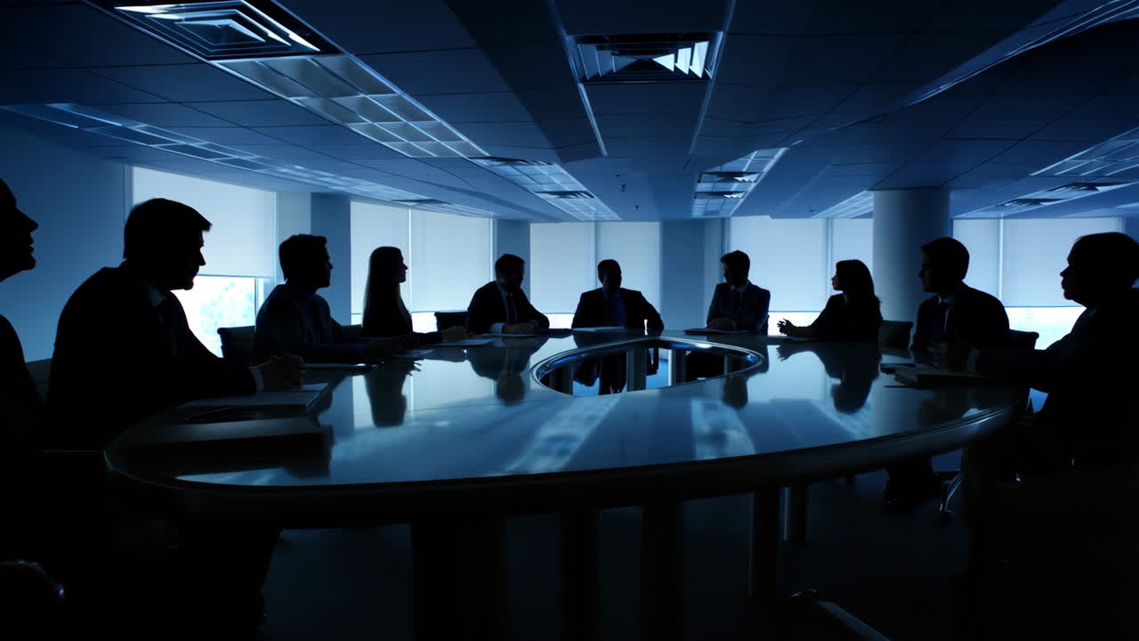 Silhouettes of business people in a dark boardroom meeting
