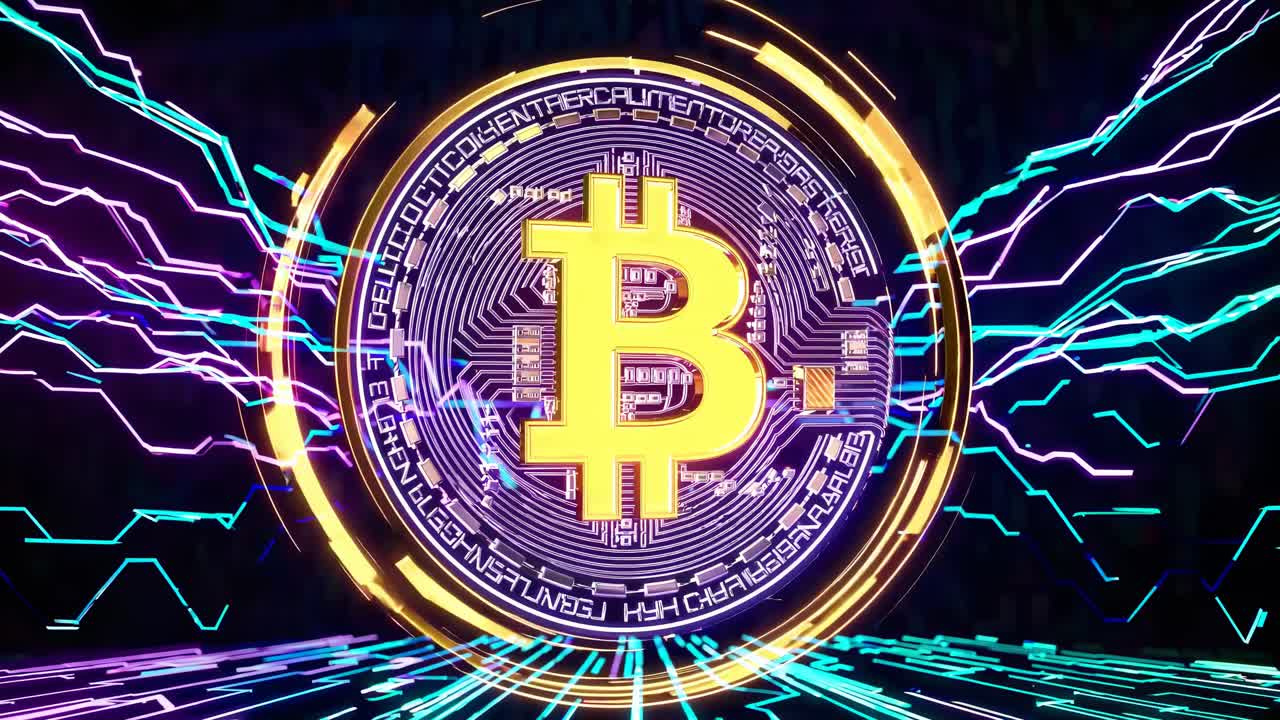 Futuristic video concept of a glowing Bitcoin symbol surrounded by digital circuitry