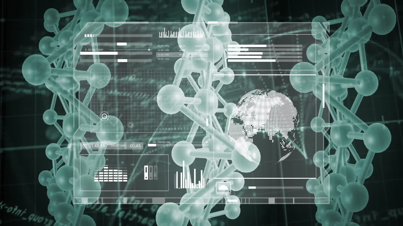 3D molecular helix being visualized over grid, featuring holographic line graphs and bar charts
