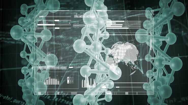3D molecular helix being visualized over grid, featuring holographic line graphs and bar charts