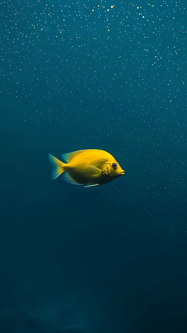Video verticale: pesce giallo che nuota da sinistra, si muove verso destra attraverso l'acqua blu, bolle, spazio per il testo