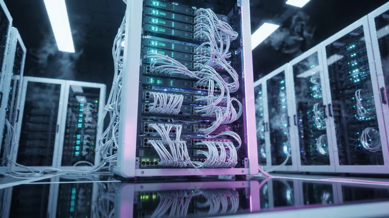 Advanced Data Center Architecture Featuring High-density Server Racks with Intricate Cable Management and Dynamic Lighting for Enhanced Performance and Aesthetics