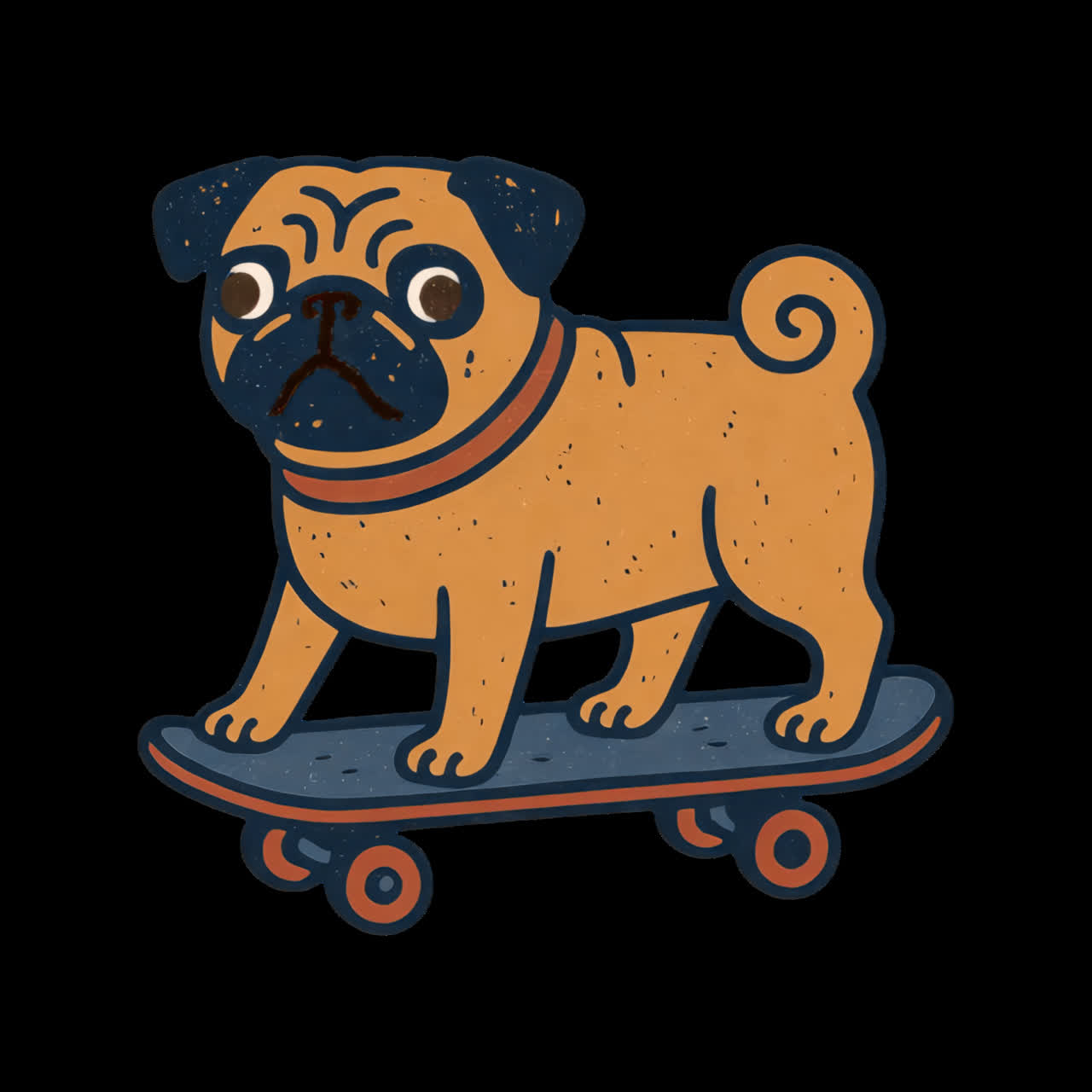 Sjov animation af en tegneserie-mops, der skater, isoleret aktiv, gennemsigtig 4K-video, alfakanal, ProRes