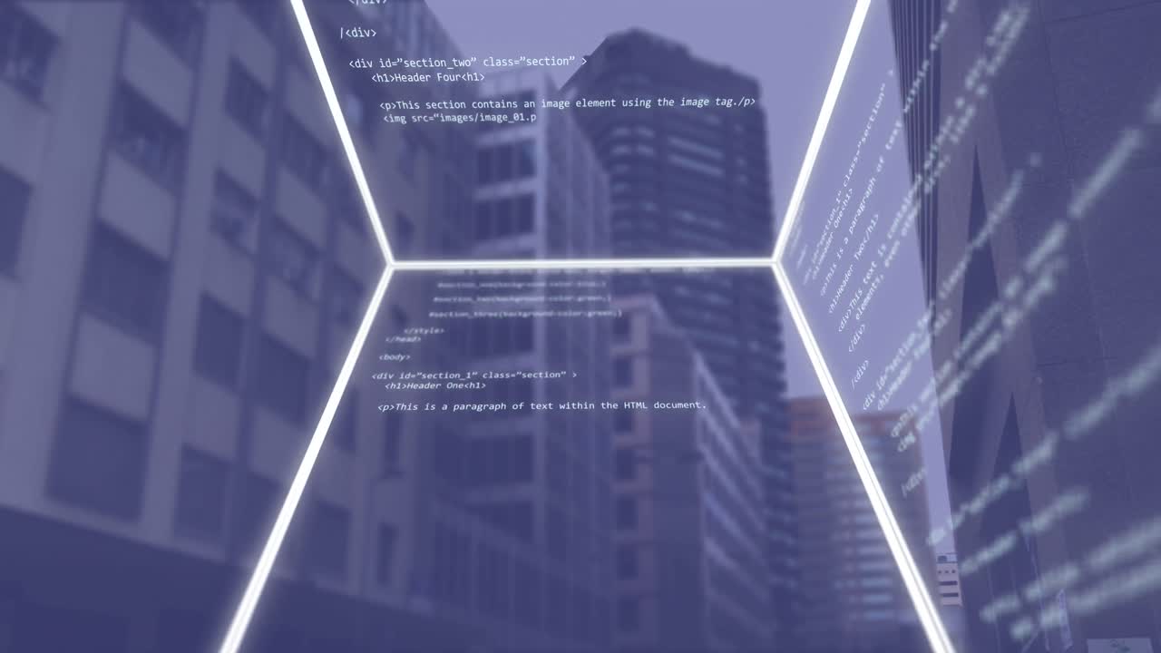 도시 풍경 위의 데이터 처리 애니메이션