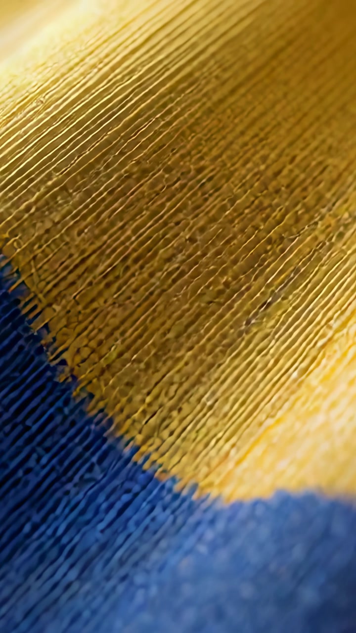 Vertical video: Moving camera toward woven 3-band textile in room showing gold sheen and star